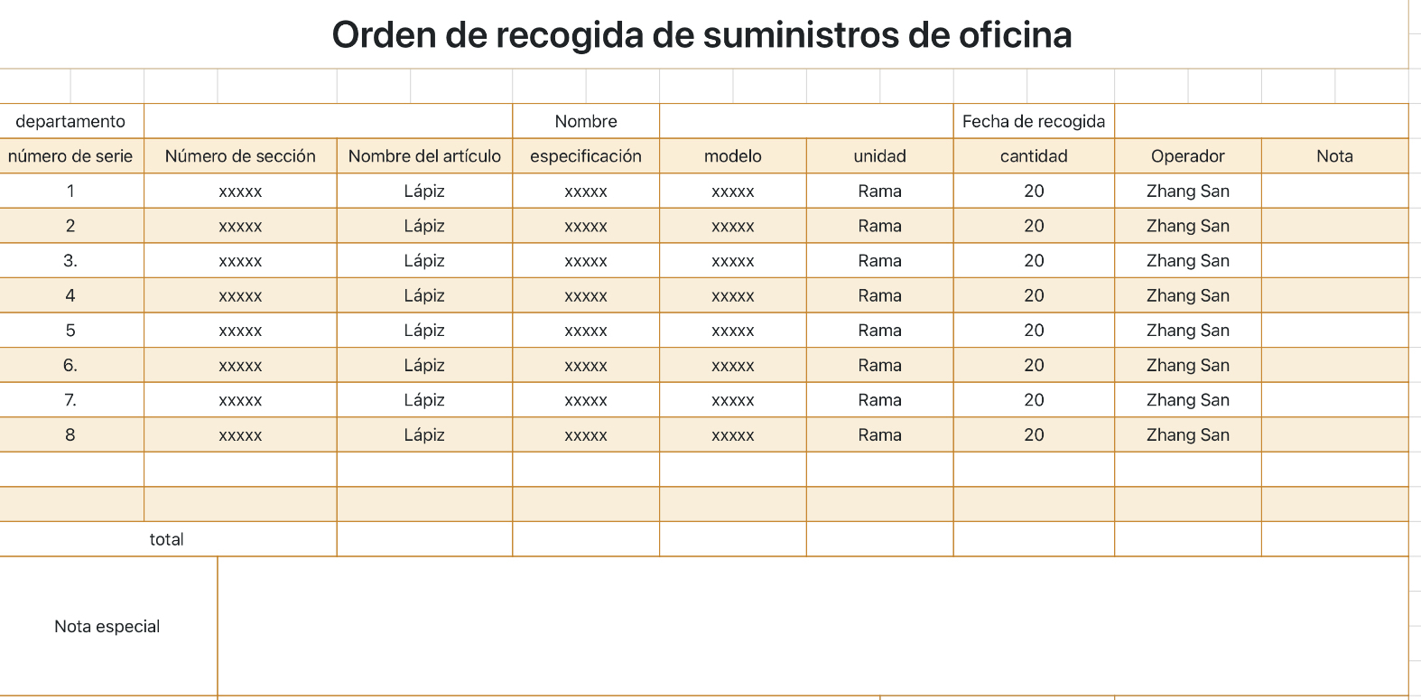 Orden de recogida de suministros de oficina